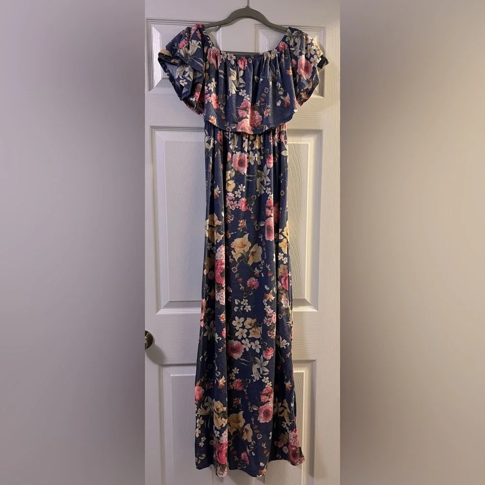 PinkBlush Blue Floral Off Shoulder Maternity Maxi Dress. - Picture 1 of 4